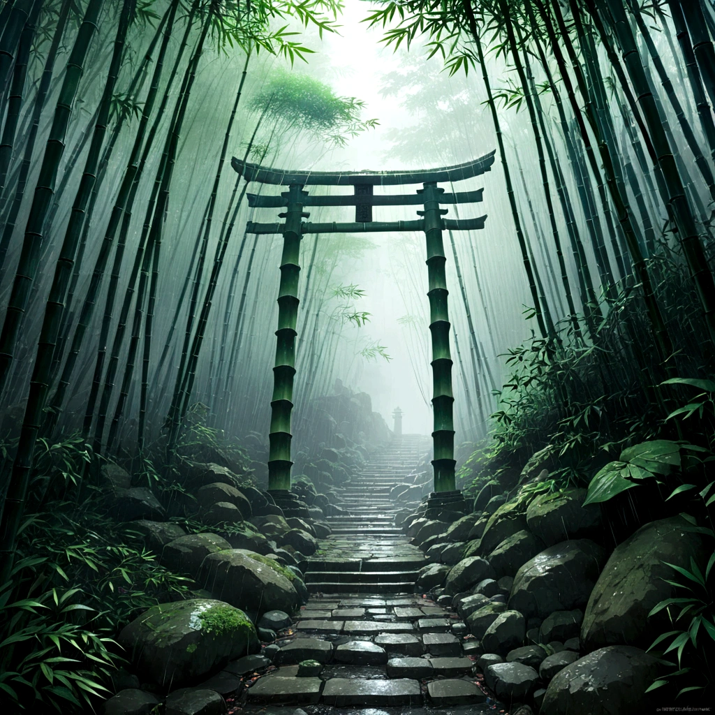 Beautiful game world, Fantasy, Furai no Shiren, bamboo forest, Dungeons, First Person View, dim, cold rain, The smell of damp earth, Silence, Rain sound, The sound of rain hitting bamboo leaves, The sound of the wind, Strange sounds heard in the distance, anxiety, fear, Tall bamboo, The dark shadows cast by the leaves overhead, Muddy cobblestones underfoot, Slippery footing, Poor visibility, fog, The corner in front of me, 先の見えないfear, There&#39;s a hint of something lurking, Decayed stone statue, A crumbling torii gate, A stone monument with mysterious symbols engraved on it
