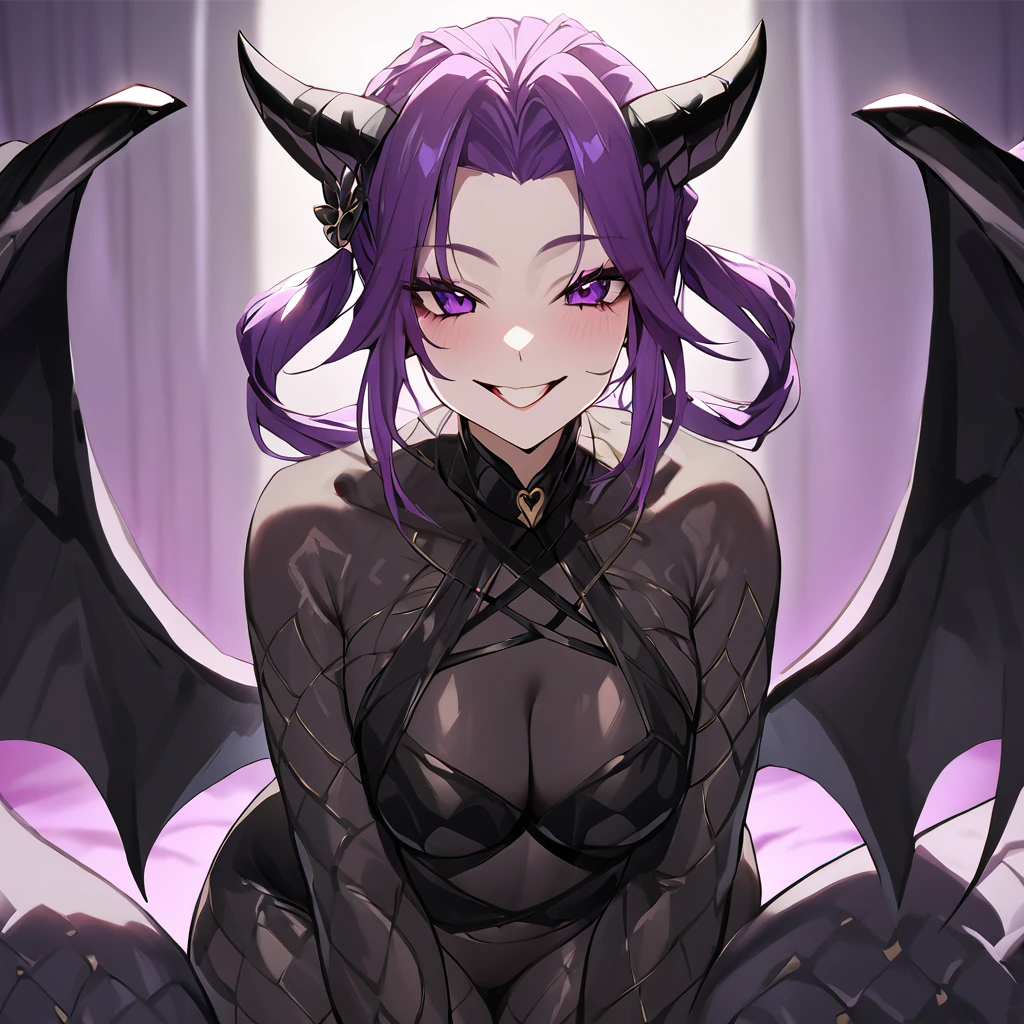 ((Highest quality)), ((masterpiece)), (detailed), (Perfect Face)、The woman is naked and wearing a shiny black full-body bodysuit decorated with gold, the sexy female demon, Devil Queen Shinobu Kochou.、The woman is a female demon with magnificent devil horns, jet black devil wings and a jet black tail. She is looking at the camera with a happy expression on her face. Her name is Kocho Shinobu and she has short purple hair tied back with a butterfly hair accessory and the expression of a girl in love.、The woman is Kocho Shinobu