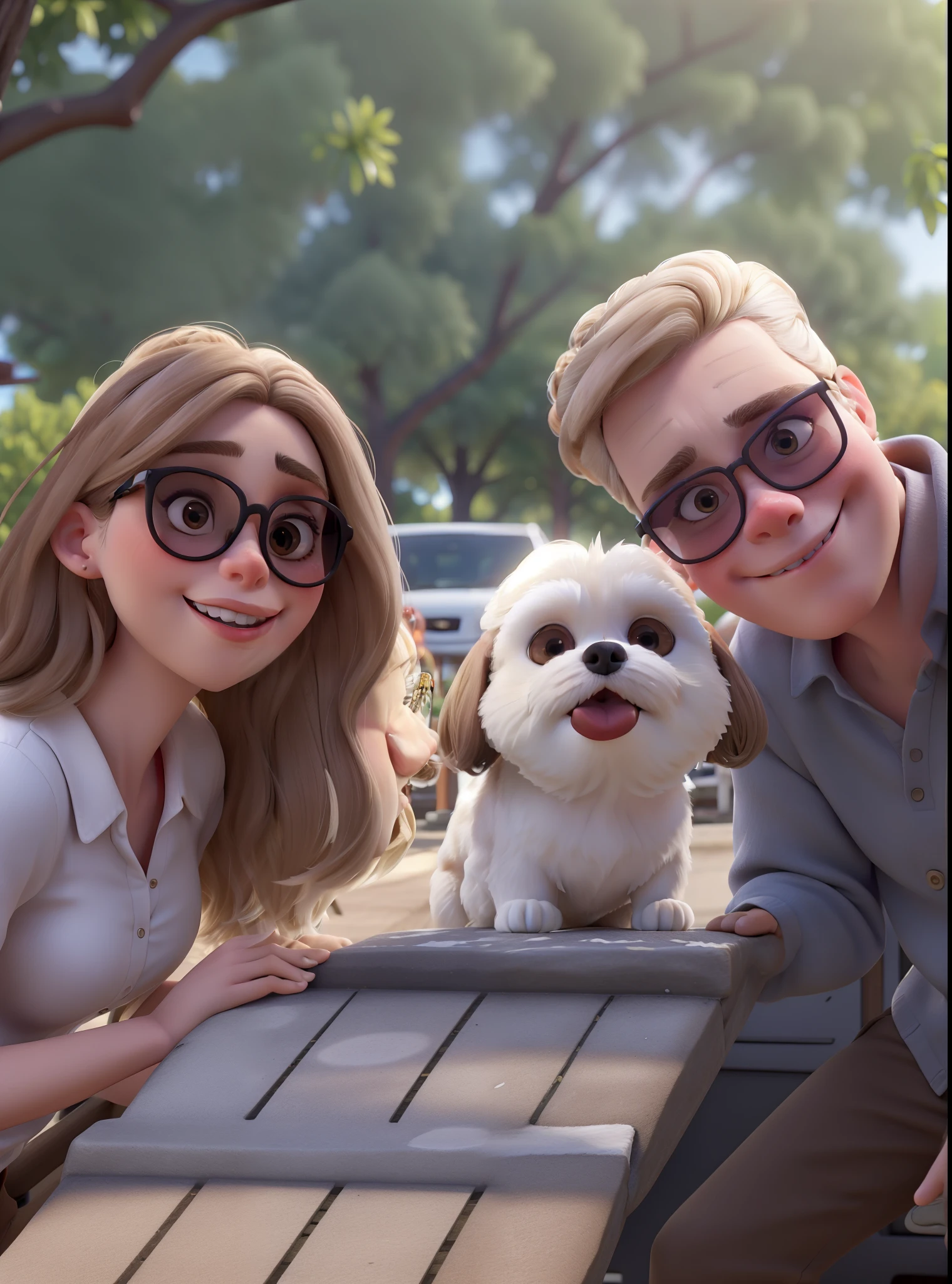 The woman has white skin and is 22 years old with blonde hair and is wearing ray bun sunglasses, the white man is 26 years old with brown hair and is wearing ray bun sunglasses. eyes browns. and a white and brown shih tzu without glasses , do not park