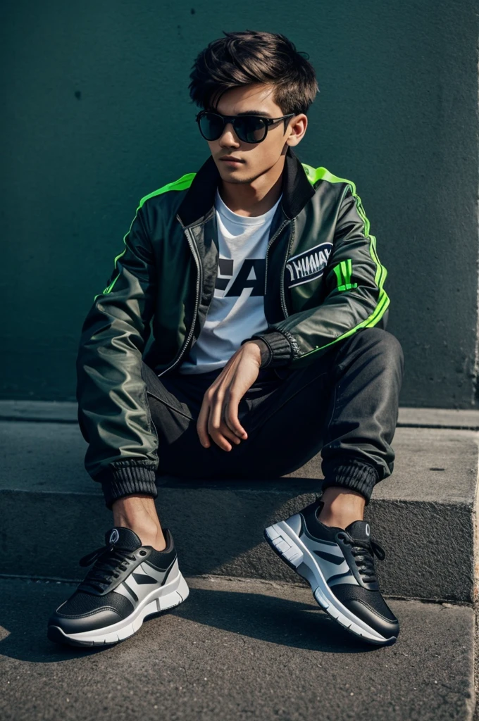 Create a 3D illusion for a profile picture where a
Robiul cute boy in a wearing a jacket Sitting
casually on a Yamaha Robiulbike. Wearing sneakers,
with black mask, and sunglasses, he looks ahead.
The background features "Robiul
" in big and
capital green neon light fonts on the dark grey wall.
and there are wings to make it appear as if he is
an angel.
