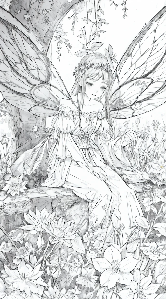 (Line Art,monochromesketch,Pencil drawing,traditional media:0.9), A fairy with dragonfly wings tending to a garden of luminous flowers