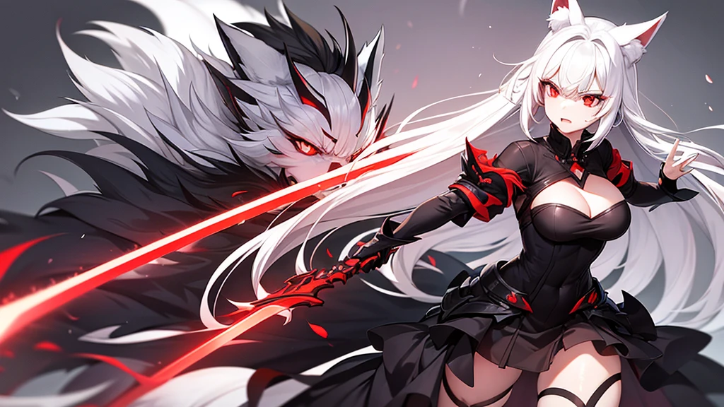 An adult woman half fox and wolf, wide breasts, red eyes, white hair, very angry, in a black little open dress, holding a sword