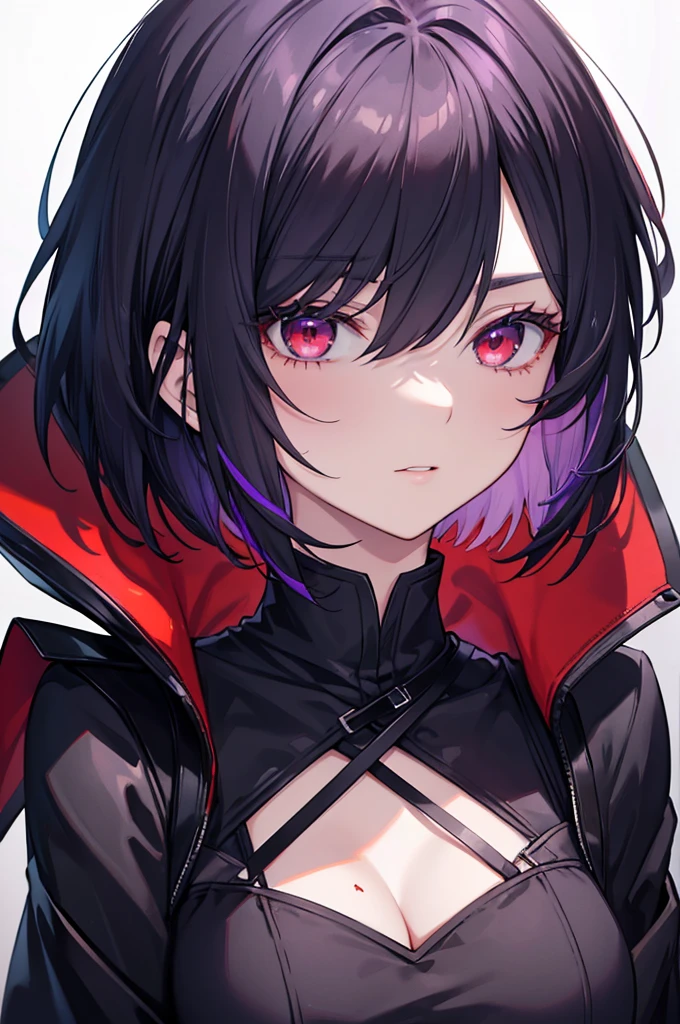 a beautiful girl with violet hair wearing a black dress, extremely detailed facial features, bob haircut, woman wearing a long black and red coat, solo character, white background, anime style, very detailed, photorealistic, 8k, best quality, masterpiece, red eyes, short hair