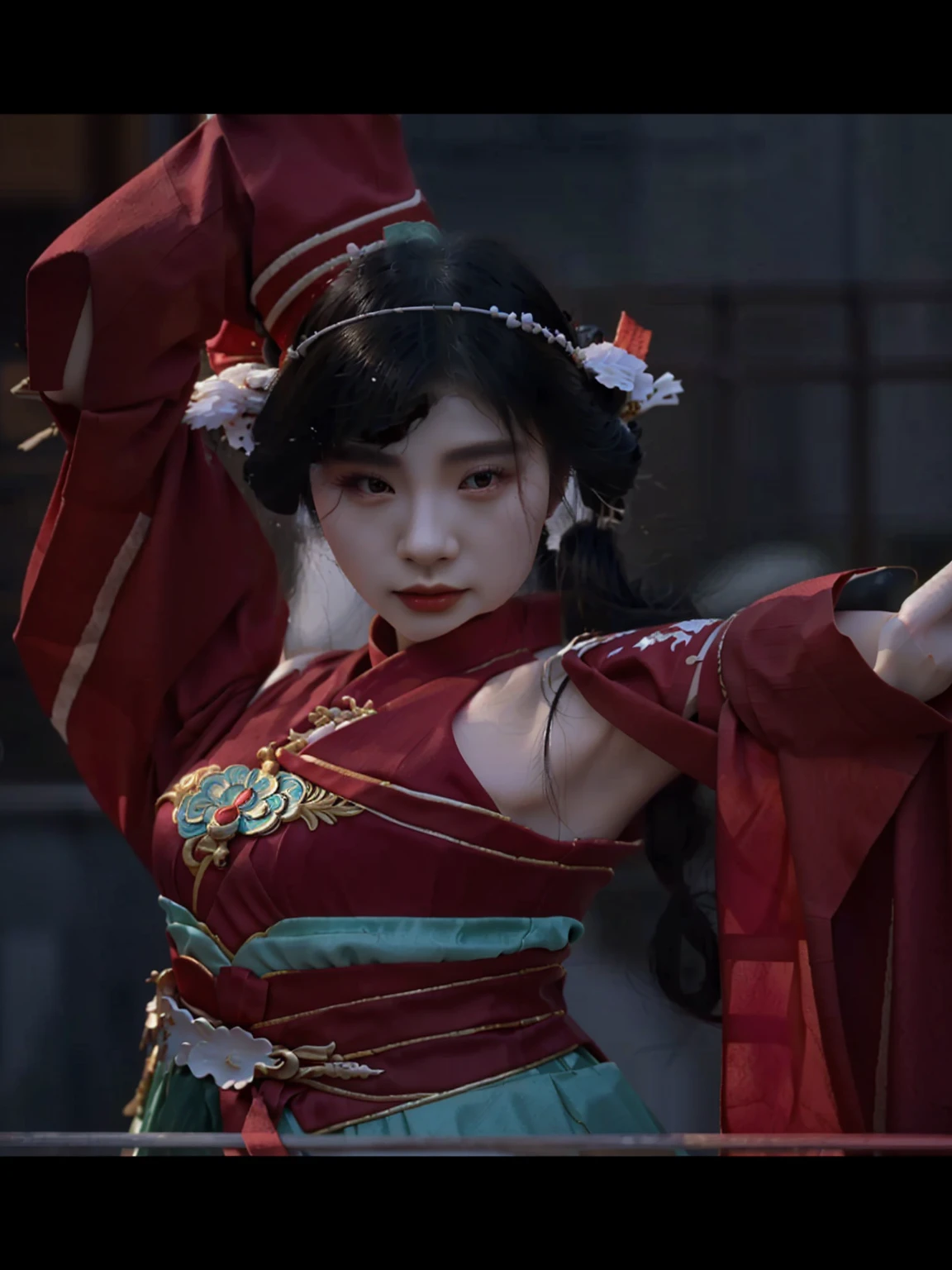 a close up of beautifull a young woman in a red dress dancing, inspired by Li Mei-shu, heise jinyao, zhongli from genshin impact, keqing from genshin impact, full body xianxia, yun ling, inspired by Lan Ying, onmyoji, inspired by Qiu Ying, inspired by Ju Lian, bian lian