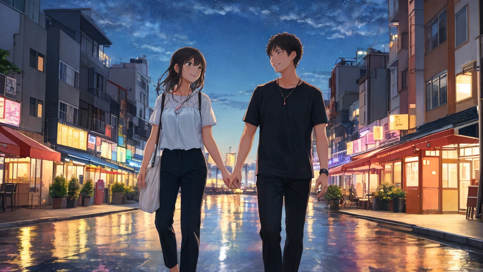Summer night city background、A man and a woman walking side by side in casual summer clothes。Smiling, I look up at the evening sky。The city's night view unfolds in the background。The woman has long, wavy hair that is blowing in the wind.、Men have short, neat hairstyles。