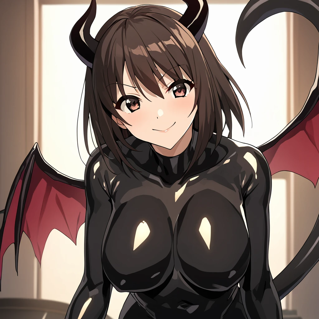 ((Highest quality)), ((masterpiece)), (detailed), （Perfect Face）、The woman is naked and wearing a shiny black full-body bodysuit decorated with gold, the sexy female demon, Devil Queen Haruhi Suzumiya、The woman is a female demon with magnificent devil horns, jet black devil wings and a jet black tail. She is looking at the camera with a happy expression, she is the demon Haruhi Suzumiya, she has short brown bob hair and the expression of a girl in love.、The Woman is Haruhi Suzumiya