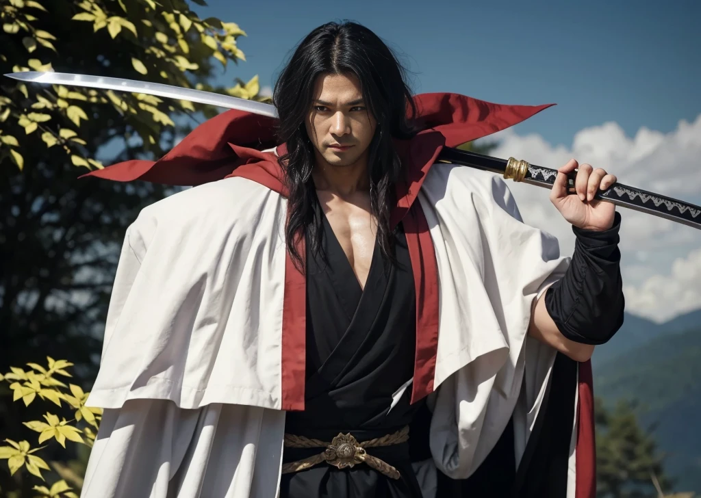 arafed man (hiko seijuro), 40 year old, in a black and white robe holding a sword, anime cosplay, flowing hair and long robes, (hiko seijuro) as a super villain, beautiful male god of death, with cape, full body wuxia, with a long black cape