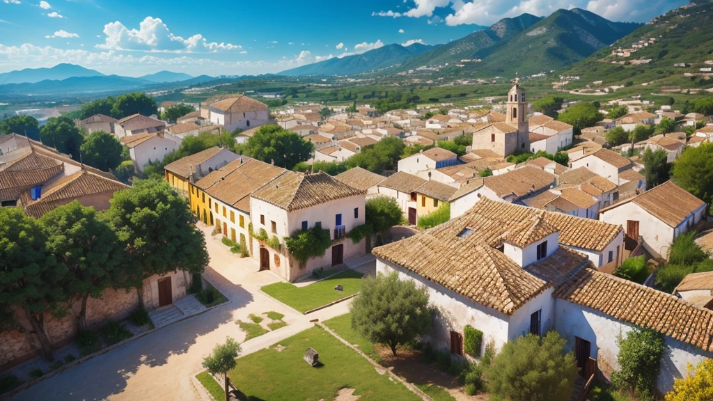 Beautiful scenery of ancient Spanish village. Aerial view. Photorealistic photos. High definition