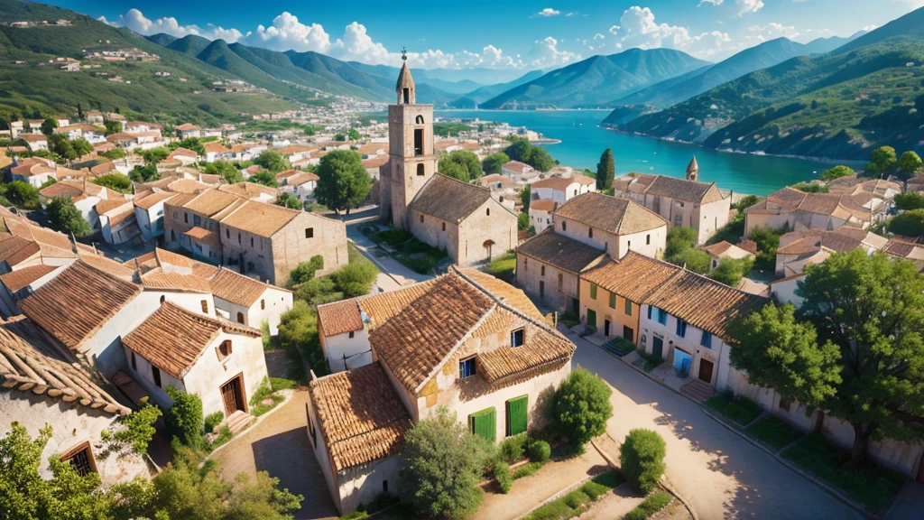 Beautiful scenery of ancient Spanish village. Aerial view. Photorealistic photos. High definition