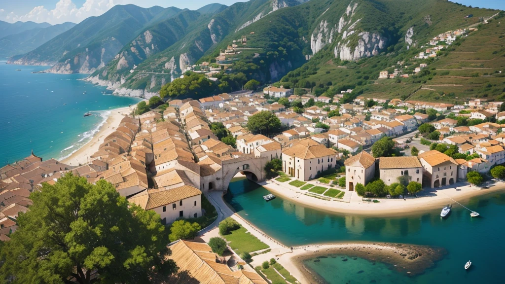 Beautiful scenery of ancient Spanish village. Aerial view. Photorealistic photos. High definition