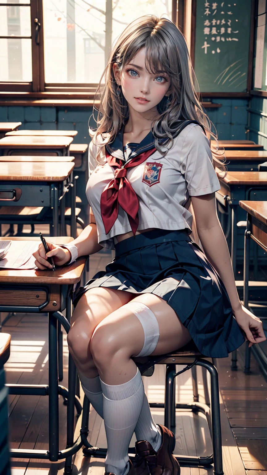 hour々Arya-san next to me is whispering in Russian、Russian women、high school girl、Sailor suit、mini skirt、Knee-high socks、Silver Hair、At the back of a Japanese high school classroom、Take a seat、smile