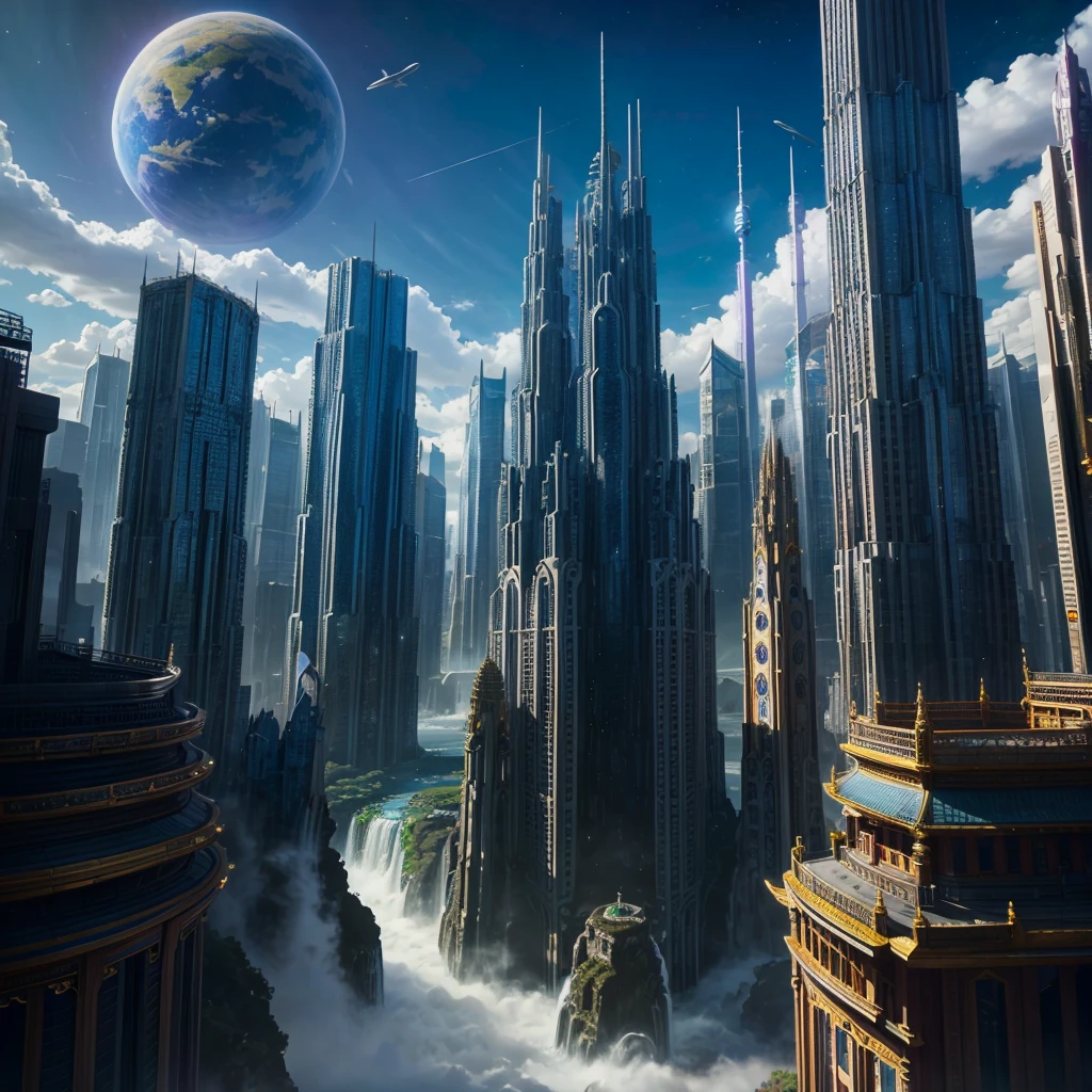 A huge fantastical sci-fi city, aether city, floating aerial metropolis,Skyscrapers、Daytime，Huge construction，Super huge waterfall，Super huge temple，Super huge torii，mysterious，Fantasy，Life Transcendence，A World Beyond All Things， towering skyscrapers, massive waterfall, celestial planets in the sky, surrounded by clouds, cosmic architecture, violet energy scars around, central massive castle, astral sky