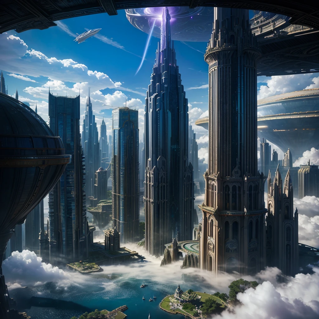 A huge fantastical sci-fi city, aether city, floating aerial metropolis,Skyscrapers、Daytime,Huge construction,Super huge waterfall,Super huge temple,Super huge torii,mysterious,Fantasy,Life Transcendence,A World Beyond All Things, towering skyscrapers, massive waterfall, celestial planets in the sky, surrounded by clouds, cosmic architecture, violet energy scars around, central massive castle, astral sky