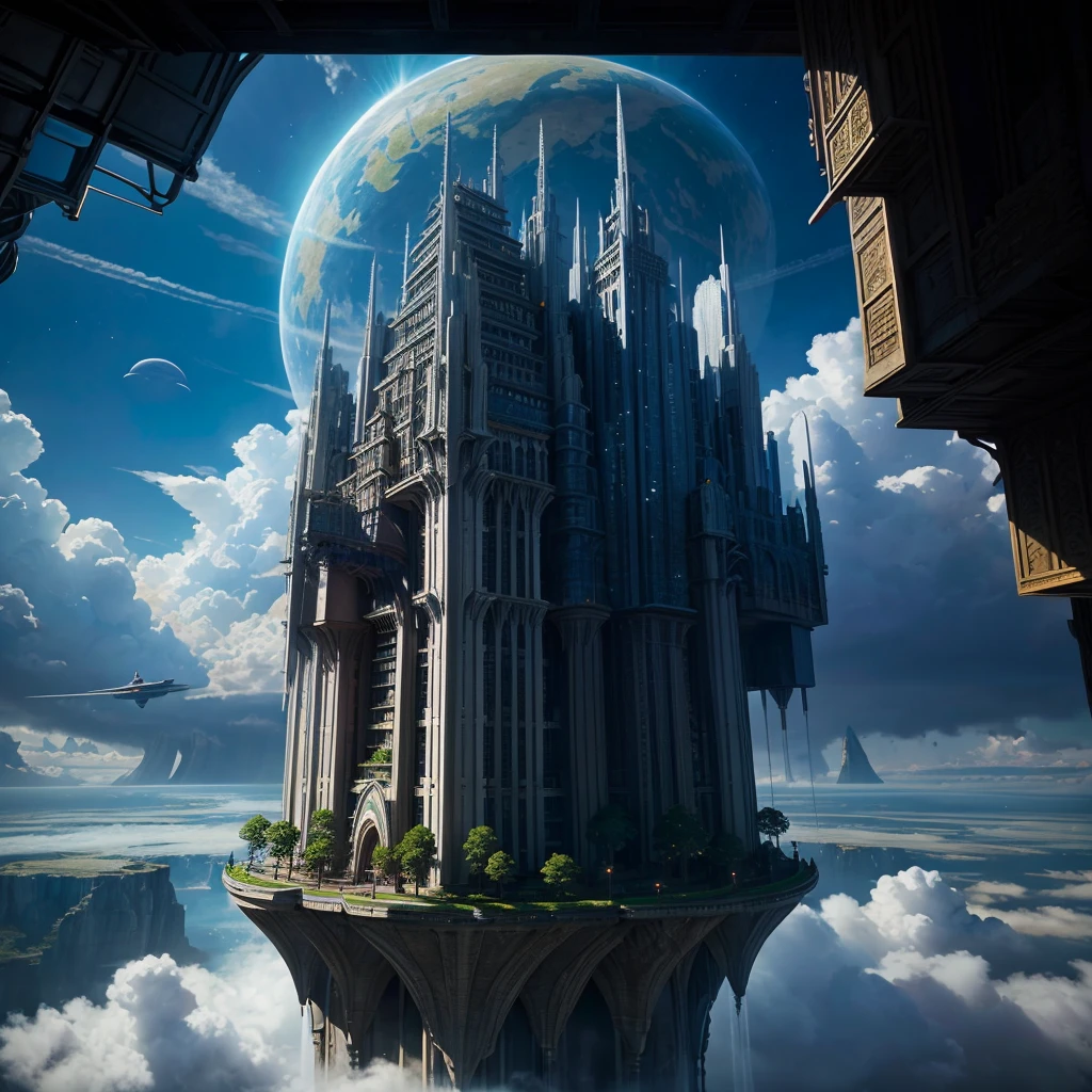 A huge fantastical sci-fi city, aether city, floating aerial metropolis,Skyscrapers、Daytime,Huge construction,Super huge waterfall,Super huge temple,Super huge torii,mysterious,Fantasy,Life Transcendence,A World Beyond All Things, towering skyscrapers, massive waterfall, celestial planets in the sky, surrounded by clouds, cosmic architecture, violet energy scars around, central massive castle, astral sky