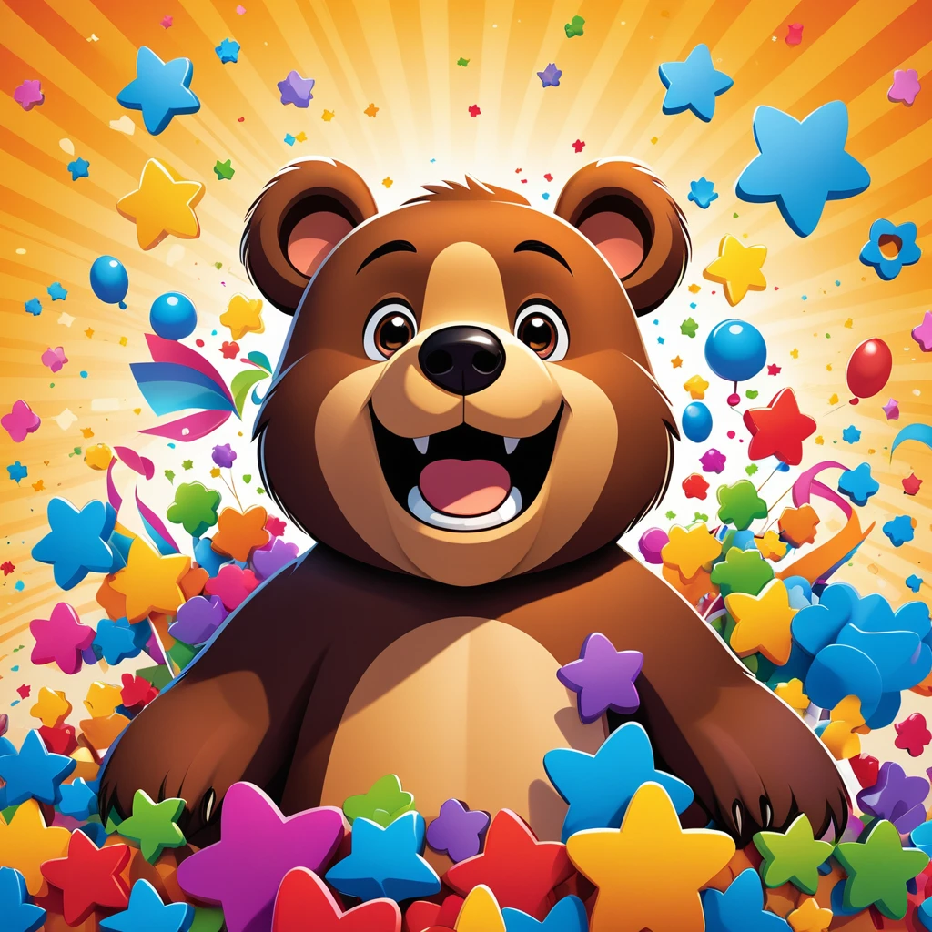 Create a 4K wallpaper with a cartoon bear depicting a happy expression, surrounded by relevant elements and set against a suitable background.