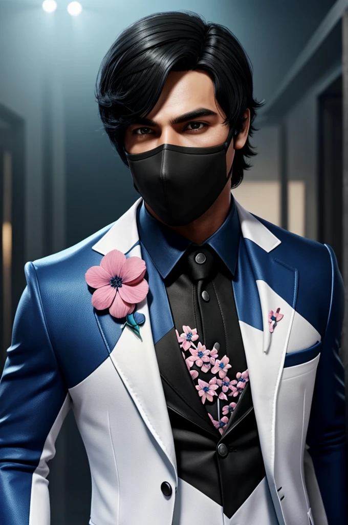 Male free fire game characters black hair with blue black mask white suit with a pink flower