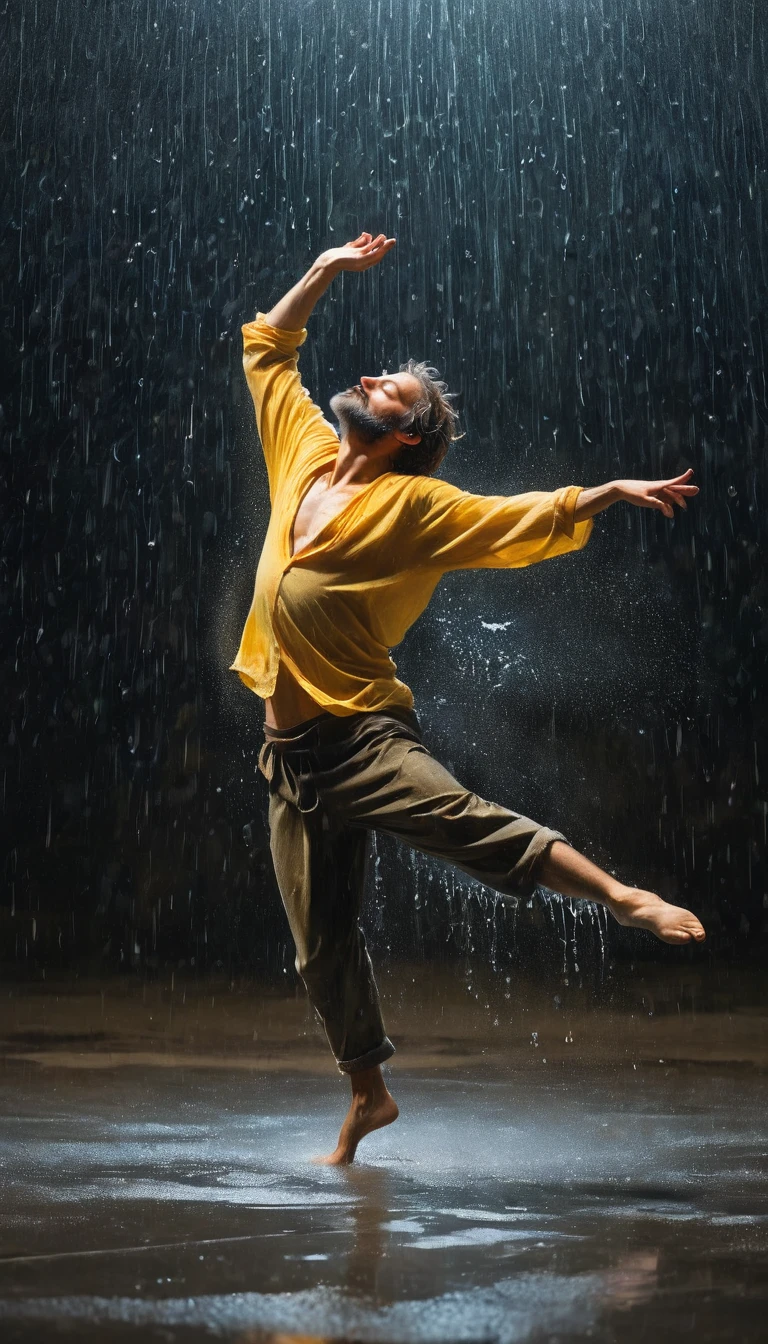 Soul Dancer Mark,A homeless man dancing alone in the rain，soul，Barefoot，Loose and worn clothes，Professional ballet movements，Fingertips 1 butterfly，Very contagious，Splash，Light and Shadow，Minimalism，artistic conception，Clean background