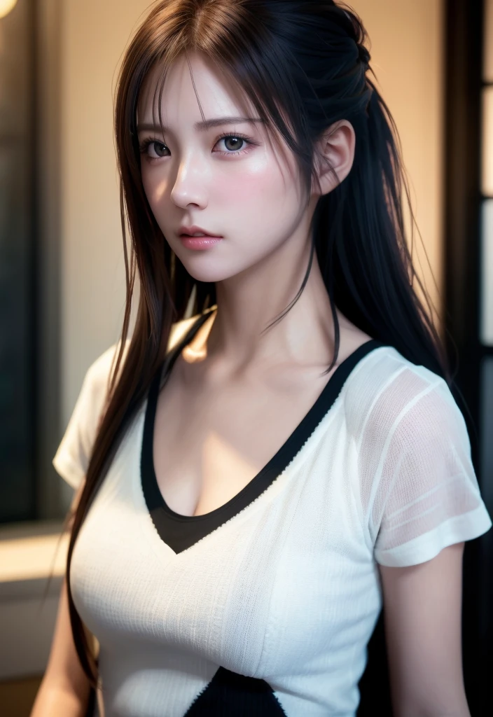 8K, of the highest quality, masutepiece:1.2), (Realistic, Photorealsitic:1.37), of the highest quality, masutepiece, Beautiful young woman, Pensive expression, Sweet look, Sexy white shirt、Hair tied back, Messy mood, Cinematic background, Tired, Light skin tone
