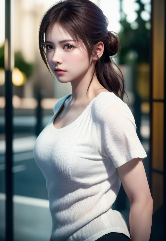 8K, of the highest quality, masutepiece:1.2), (Realistic, Photorealsitic:1.37), of the highest quality, masutepiece, Beautiful young woman, Pensive expression, Sweet look, Sexy white shirt、Hair tied back, Messy mood, Cinematic background, Tired, Light skin tone