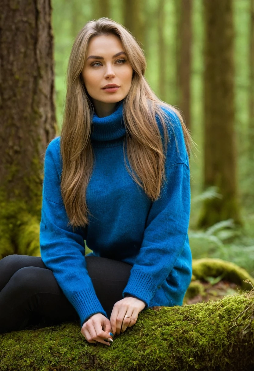 A close-up image of the enigmatic and captivating N1N15UN, with her distinctive bag slung casually over one shoulder, ((evil slavic woman)), pale skin, long dark blond hair, donning a vibrant blue shirt under a cozy turtleneck sweater and white sneakers, adorned with an intricate silver necklace. She's perched on the edge of a moss-covered tree stump in a serene forest grove, cradling a steaming mug of coffee between her hands, bathed in soft, warm sunlight filtering through the dense canopy above, exuding an air of quiet contemplation and creative inspiration.