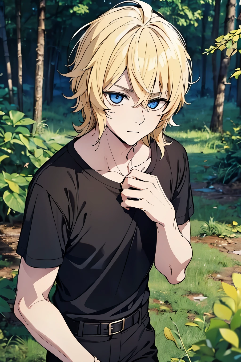 "(Best Quality,4k,8K,hight resolution,Masterpiece:1.2),(Masterpiece), Best Quality, expressive eyes, a perfect face,standing, male, 1boy,solo, blonde, blue eyes, Shoulder length hair,messy hair, black t-shirt,In the forest, black trousers,close up photo,15 years old