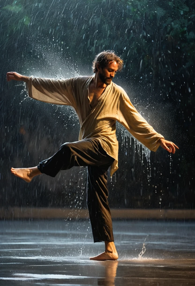 Soul Dancer Mark,A homeless man dancing alone in the rain，soul，Barefoot，Loose and worn clothes，Professional ballet movements，Fingertips 1 butterfly，Very contagious，Splash，Light and Shadow，Minimalism，artistic conception，Clean background