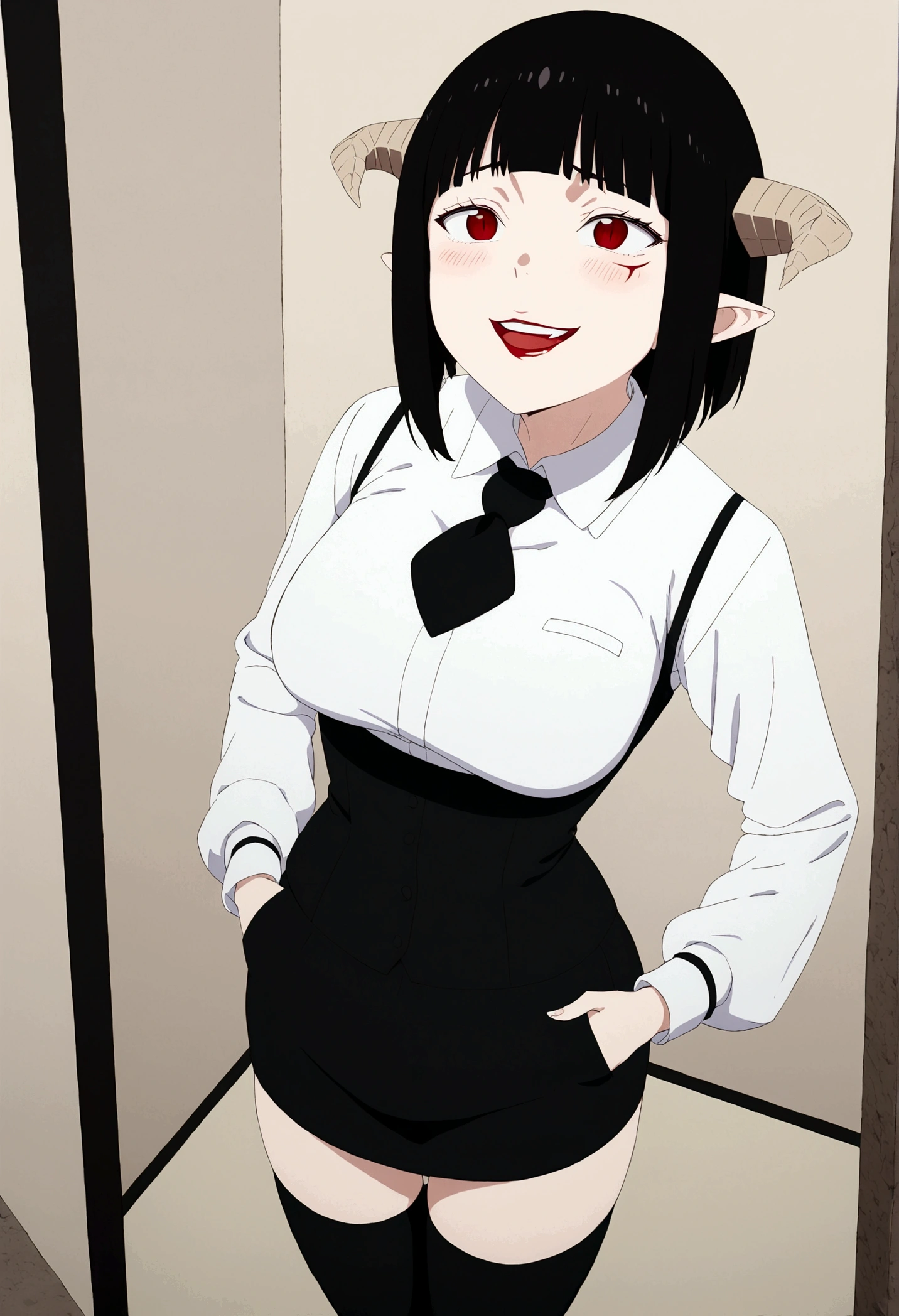 ,hands in pocket,work of art, tight white secretary shirt with black tie, black high waist skirt, short skirt,stocking, black hair, black tightscary sun,office,bangs on the eyes,lighting,horn of hair,view from above,evil smile,linda,staring overhead,blushed,face red,Eyes red,laughing,laugh
