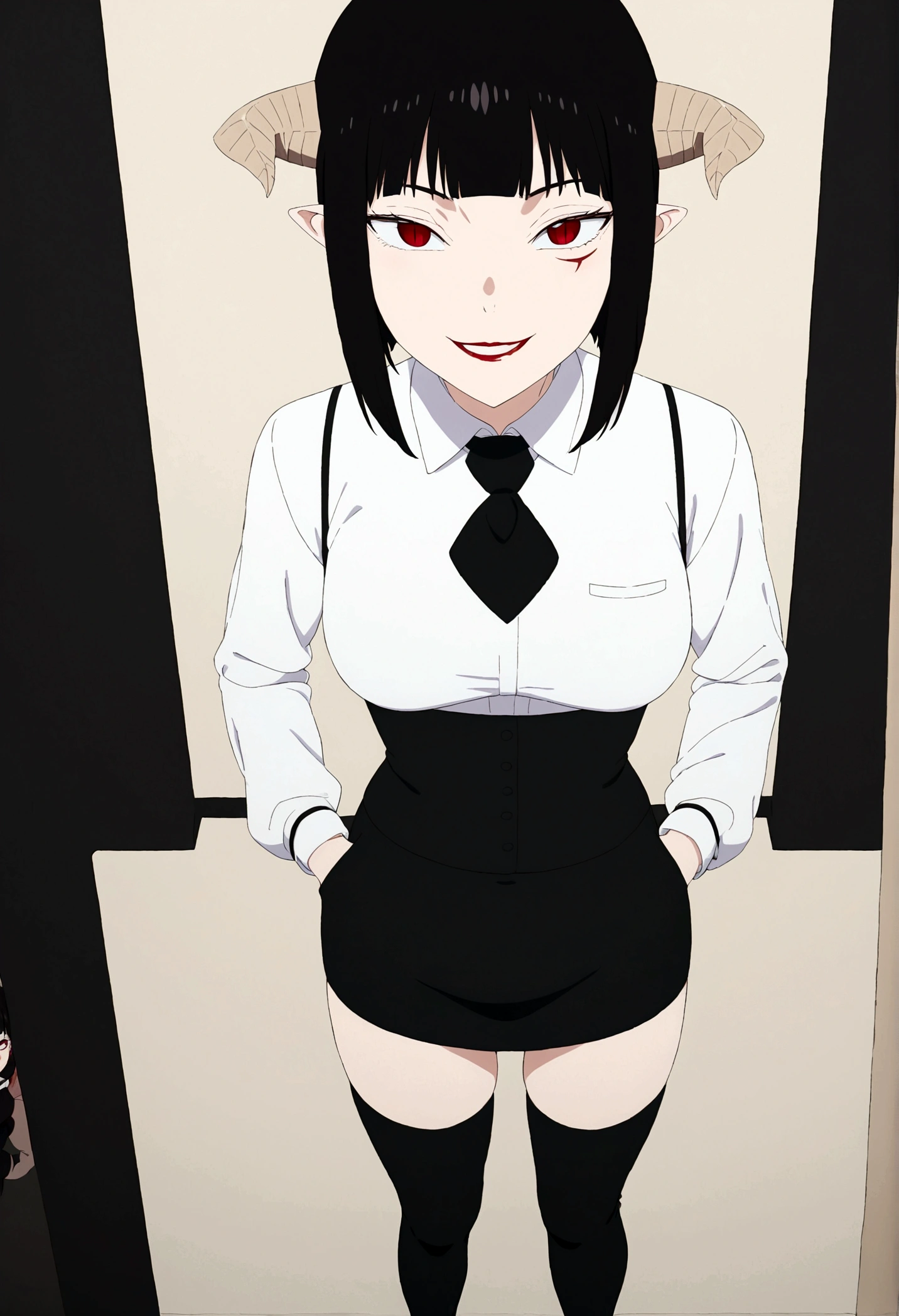 ,hands in pocket,work of art, tight white secretary shirt with black tie, black high waist skirt, short skirt,stocking, black hair, black tightscary sun,office,bangs on the eyes,lighting,horn of hair,view from above,evil smile,linda,staring overhead,blushed,face red,Eyes red,laughing,laugh
