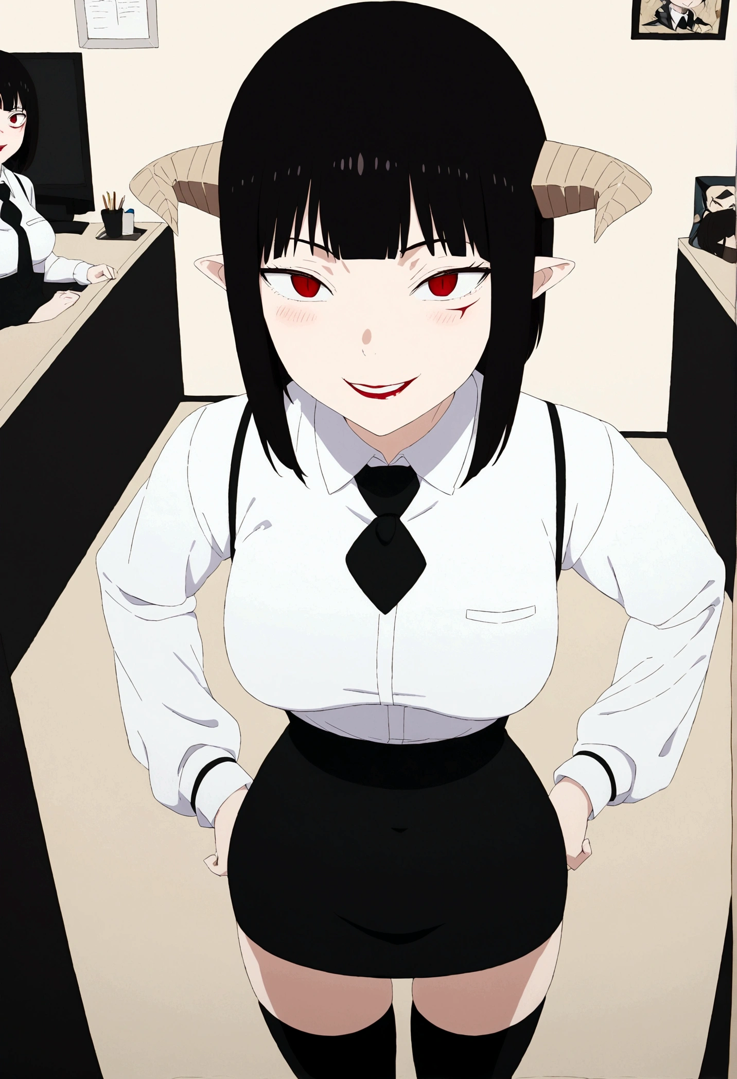 ,hands in pocket,work of art, tight white secretary shirt with black tie, black high waist skirt, short skirt,stocking, black hair, black tightscary sun,office,bangs on the eyes,lighting,horn of hair,view from above,evil smile,linda,staring overhead,blushed,face red,Eyes red,laughing,laugh