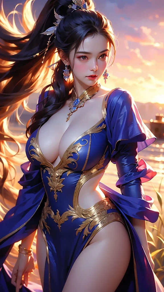 Best quality, masterpiece, realistic, meticulous detail, a hot beautiful fantasy woman in fantasy sunset, big breast, very long legs, big hips, ponytail, colorful, seductive, blissful, raytraced