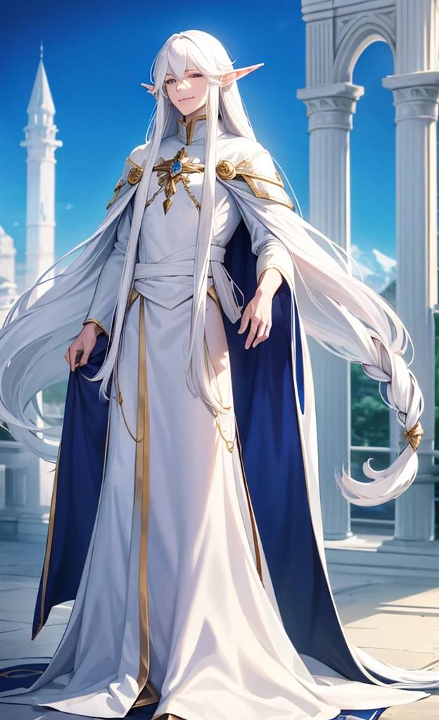 Male elf, beautiful, exalted, (long white hair:1.3), white mage robes, smiling, standing in a palace, blue sky in background