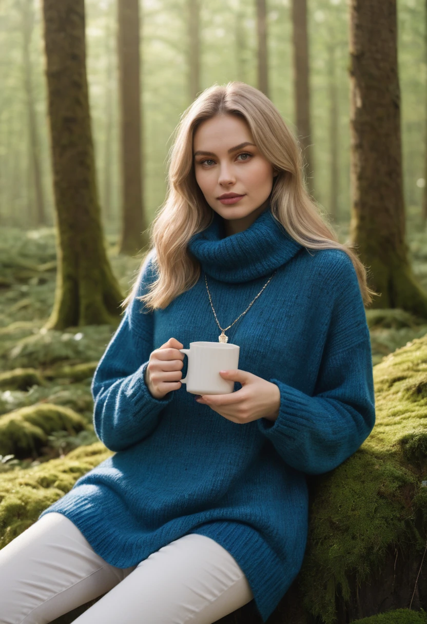 A close-up image of the enigmatic and captivating N1N15UN, with her distinctive bag slung casually over one shoulder, ((evil slavic woman)), pale skin, long dark blond hair, donning a vibrant blue shirt under a cozy turtleneck sweater and white sneakers, adorned with an intricate silver necklace. She's perched on the edge of a moss-covered tree stump in a serene forest grove, cradling a steaming mug of coffee between her hands, bathed in soft, warm sunlight filtering through the dense canopy above, exuding an air of quiet contemplation and creative inspiration.