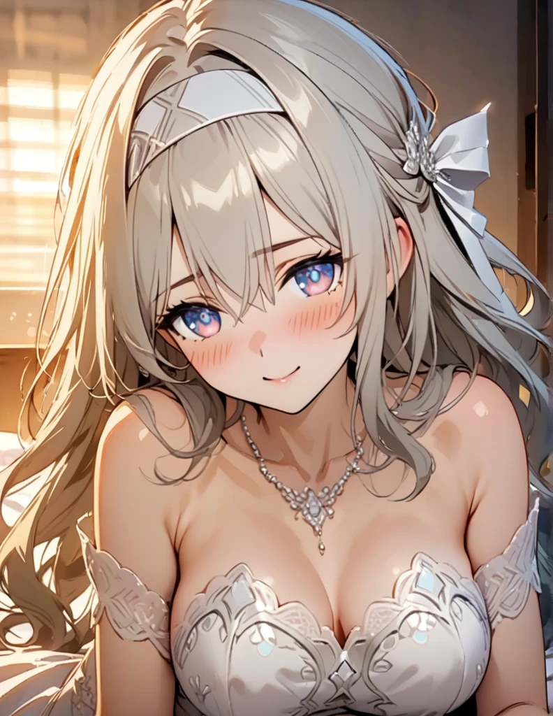 beautiful girl, long grey hair, beautiful face,smiling,close up to hips, beautiful breast, laying on stomach on bed,,illustration,detailed textures(realists),ultra-detailed,portrait style,vivid colors,soft lighting, blushing, mature, hair fluttering, evening light , head band, ((half body)), wearing intricate wedding dress, perky. ((side profile until hips)), very shy
