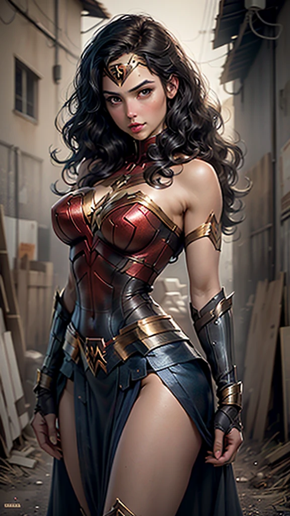 (best quality)), ((masterpiece)), ((realistic)), (detailed), detailed face, wonder woman (gal gadot)Beautiful woman (20s, Long dark blue hair, black eyes, big breasts ) defined, detailed body, wearing tube dress wonder woman(((huge breasts))) sexy clothes,Better quality, better resolution, detailed