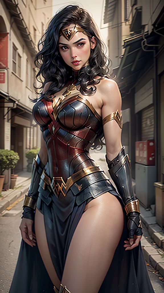 (best quality)), ((masterpiece)), ((realistic)), (detailed), detailed face, wonder woman (gal gadot)Beautiful woman (20s, Long dark blue hair, black eyes, big breasts ) defined, detailed body, wearing tube dress wonder woman(((huge breasts))) sexy clothes,Better quality, better resolution, detailed