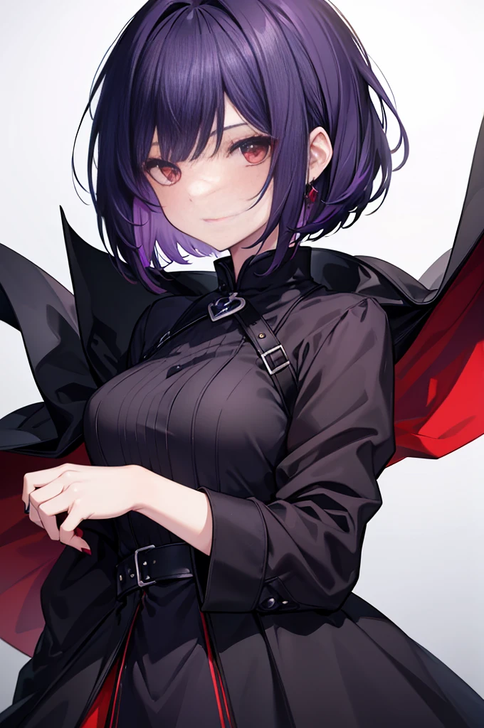 a beautiful girl with violet hair wearing a black dress, extremely detailed facial features, bob haircut, woman wearing a long black and red coat, solo character, white background, anime style, very detailed, photorealistic, 8k, best quality, masterpiece, red eyes, short hair