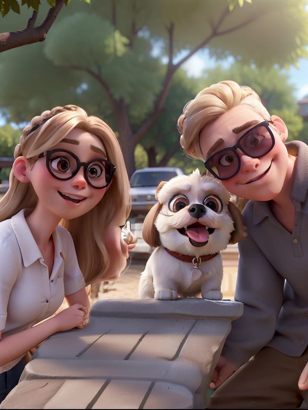 The woman has white skin and is 22 years old with blonde hair and is wearing ray bun sunglasses, the white man is 26 years old with brown hair and is wearing ray bun sunglasses. eyes browns. and a white and brown shih tzu dog with its tongue out and no glasses , do not park, Pixar-style, high qualiy
