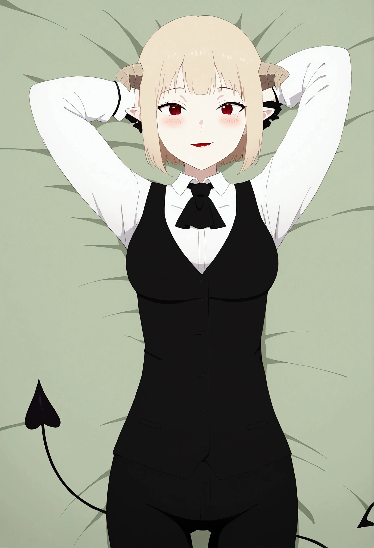 work of art, best qualityer, high resolution, 1girl horns short hair demon tail, white shirt black ascot black gloves black pants black vest lying on your back, sheet, arms up,blushed,face red,Hands behind the head,ssmile
