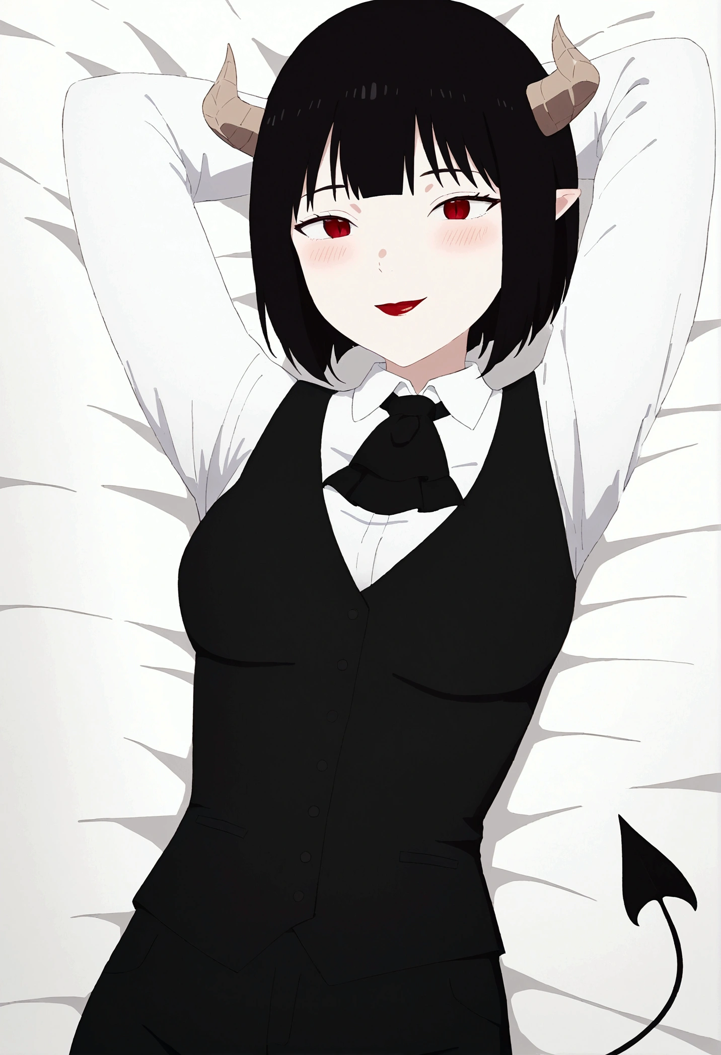 work of art, best qualityer, high resolution, 1girl horns short hair demon tail, white shirt black ascot black gloves black pants black vest lying on your back, sheet, arms up,blushed,face red,Hands behind the head,ssmile
