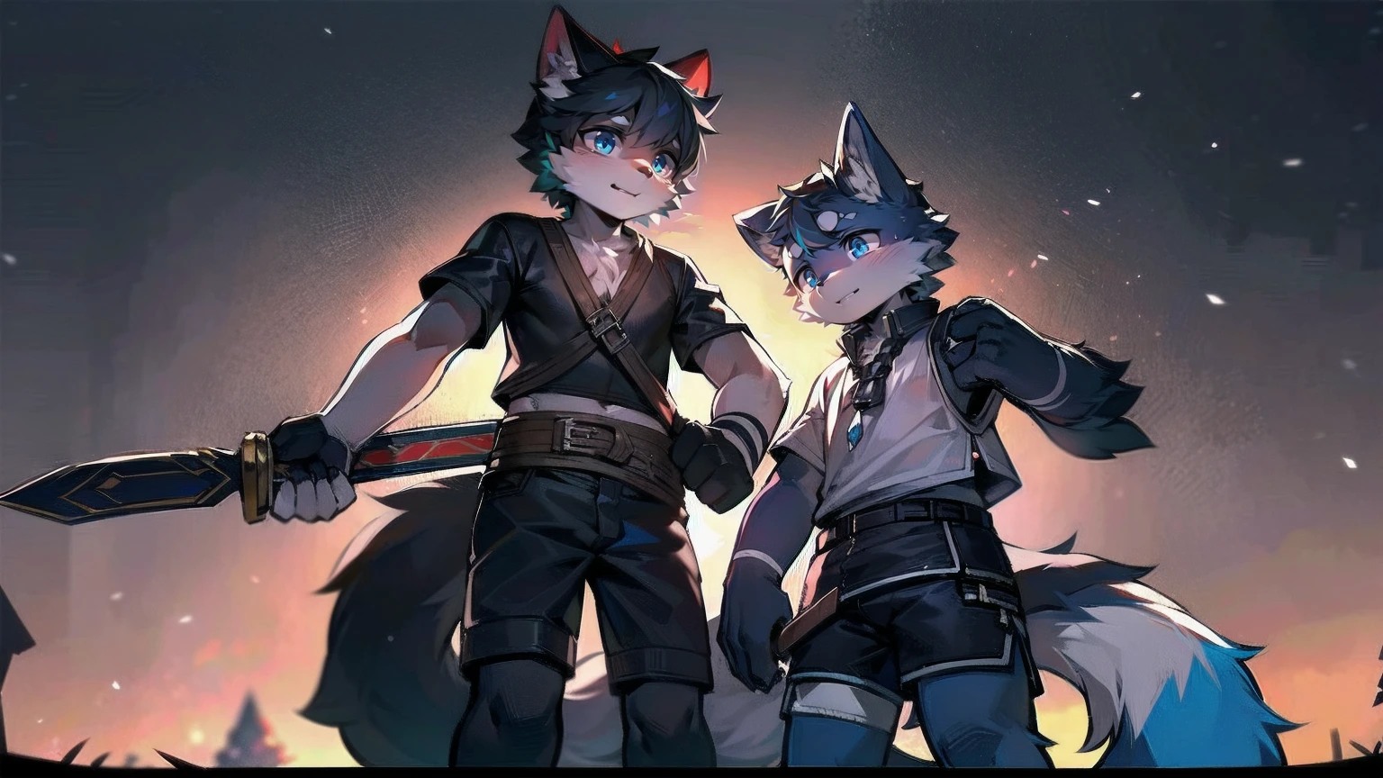 White Wolf,black hair,Sky blue eyes,hairy,Wolf ears,Wolf tail,Full body portrait,The character is in the center of the frame,Handsome,Confident eye***but,juvenile,Black and white combat uniform,Red neck bib,Black shorts,Short sleeve,hairy arms and legs,Dark background,Dark battlefield,dawn,sunrise,dawn,illumination,shadow,Swordsman,Scabbard and Hold the hilt of a in your hand,The scabbard is at the waist,Highest quality,A tall stature