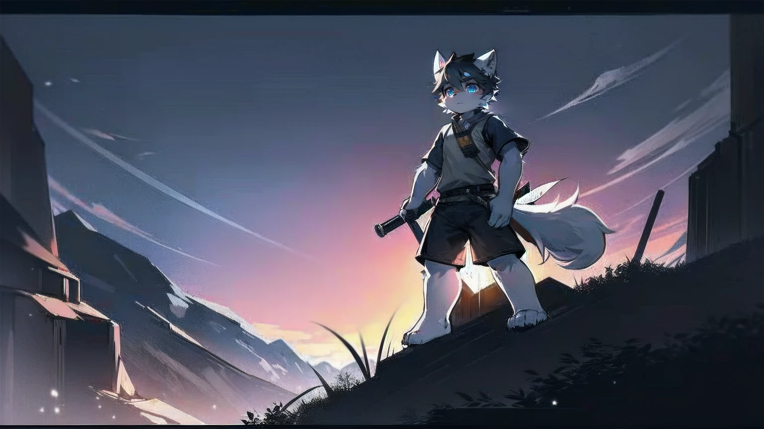 White Wolf,black hair,Sky blue eyes,hairy,Wolf ears,Wolf tail,Full body portrait,The character is in the center of the frame,Handsome,Confident eye***but,juvenile,Black and white combat uniform,Red neck bib,Black shorts,Short sleeve,hairy arms and legs,Dark background,Dark battlefield,dawn,sunrise,dawn,illumination,shadow,Swordsman,Scabbard and Hold the hilt of a in your hand,The scabbard is at the waist,Highest quality,A tall stature