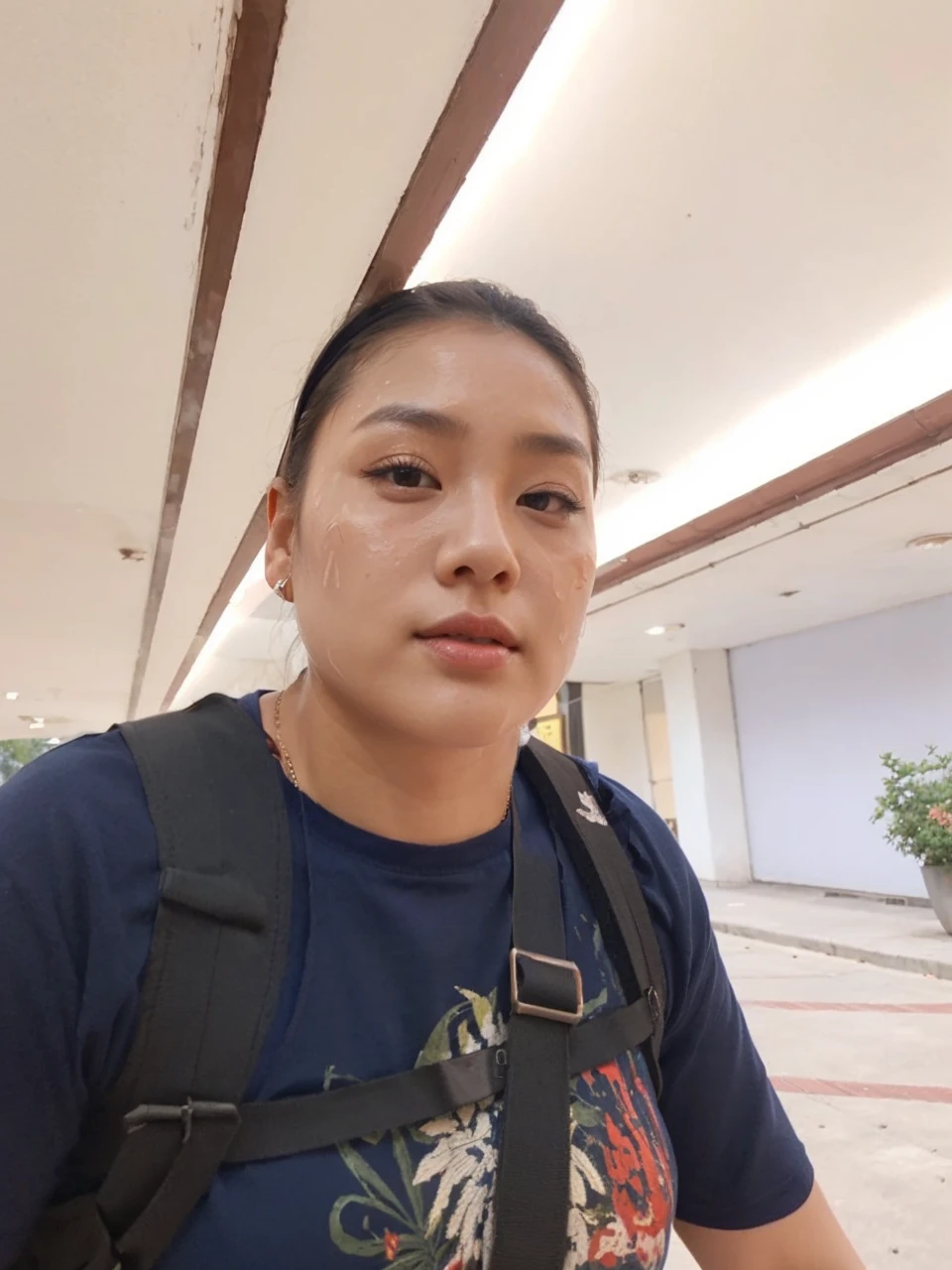 close-up of beautiful korean female, 34 inch breasts size, wearing tank top, wearing hiphop necklace, headband, colour smeared on face, painting at the street corner, cinematic scene, UHD 