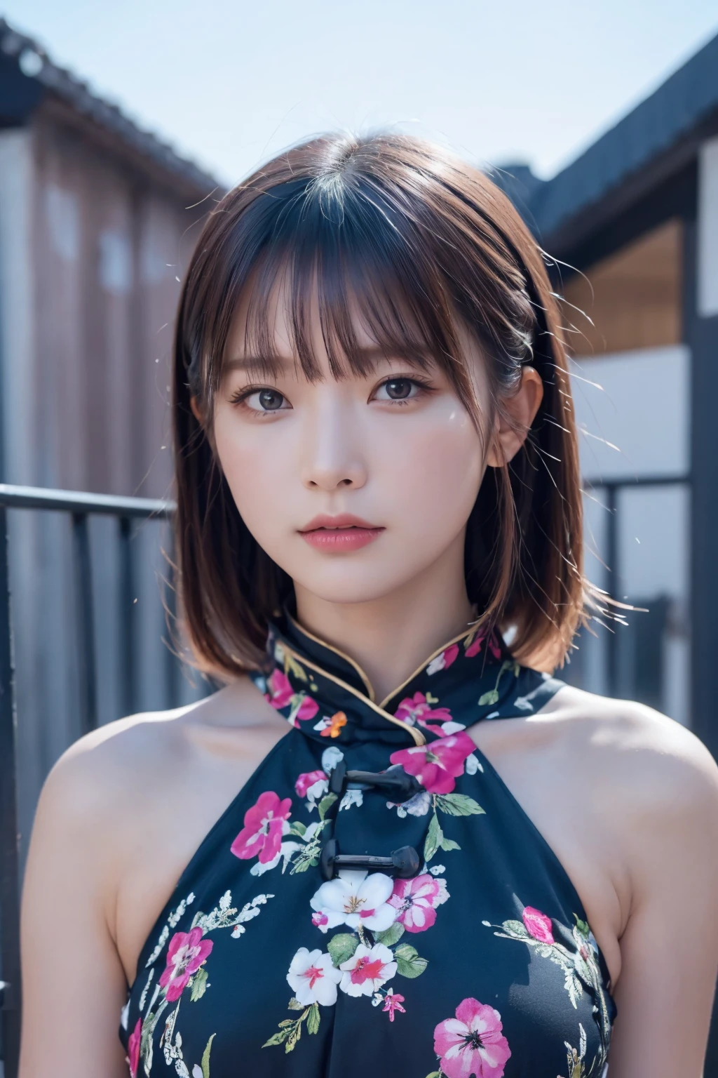 (Highest quality:1.4),(masterpiece:1.4),(Realistic:1.4),(Realistic:1.2),(超High resolution, RAW Photos:1.4),(High resolution, Super detailed:1.2),(8K:1.2),Movie Photos,a photo of a dark-haired,One Girl,alone,wear ,((China dress))、((Upper Body:1.3))