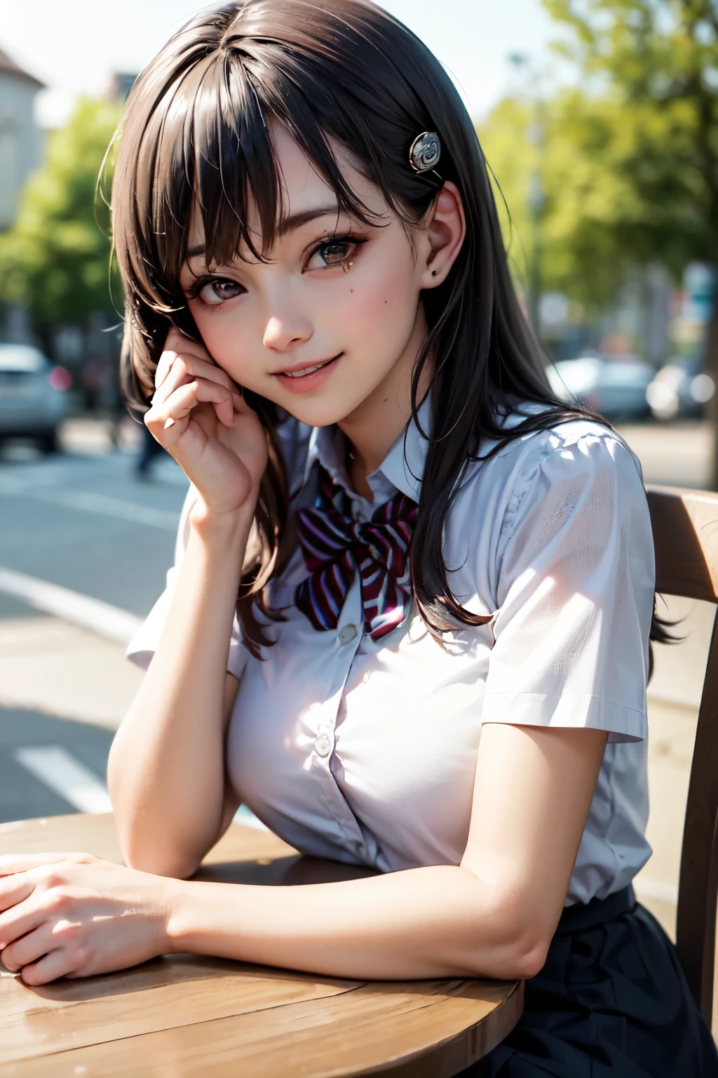 very cute and beautiful girl sitting on chair in road side cafeteria,(highly detailed beautiful face),
(smile:1.2),happy,(bolero school uniform) BREAK hair ornament,black hair,
cups of coffee,(sweet cream pancakes on table),people,depth of field,window,trees and town,
(best quality,masterpiece),absurdres,highres,ultra-detailed,extremely detailed,32k,8k resolution,
intricate details,cinematic scene,detailed background,solo,dynamic angle,