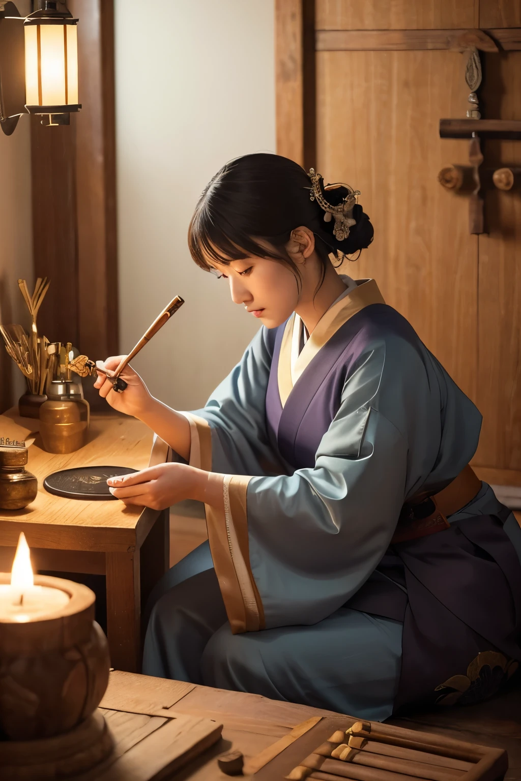 Create a detailed illustration of Ishikoridome no Mikoto, the Japanese goddess of mirror-making. She should be depicted as a serene and wise figure, embodying the craftsmanship and divine nature of her role. Her attire should be traditional Japanese garments, adorned with motifs related to mirrors and reflective surfaces. Include accessories such as a mirror or a crafting tool to emphasize her connection to mirror-making.
The scene should capture her in the act of crafting a mirror, with a focused and tranquil expression. Surround her with elements that evoke a sense of ancient craftsmanship, such as traditional tools, a workbench, and a sacred fire used for metalworking. The background could feature a sacred shrine or a mystical workshop, enhancing the divine and historical atmosphere. The overall image should convey a sense of skill, reverence, and the divine artistry associated with her craft.