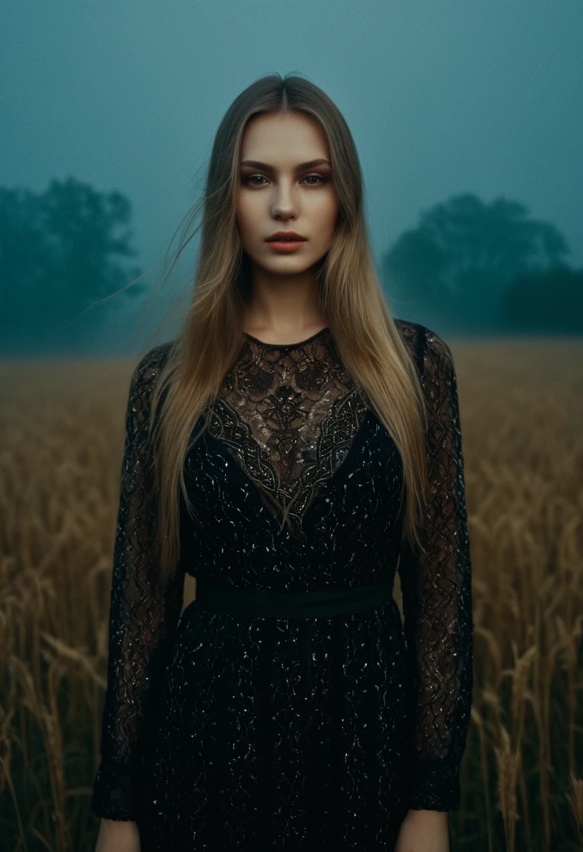 "memories are the water of life" (Misterious mood Soft Lighting Photography), stunning medium format analog photo, TWbabeXL01 beautiful (woman), A beautiful ((evil slavic woman)), pale skin, long dark blond hair, dynamic model pose, over the shoulde wide view, black over black background, highly detailed, detailed realistic photography, masterpiece half-body photo, finely detailed skin, emotional, professional color grading, epiCPhoto, OverallDetailXL analog grain, Fujifilm Astia, low contrast, OverallDetailXL, dark fantasy, photo dress that has the patterns of burning fire, standing in a foggy field, liminal lighting, dslr, detailed quality, face covered by dark veil