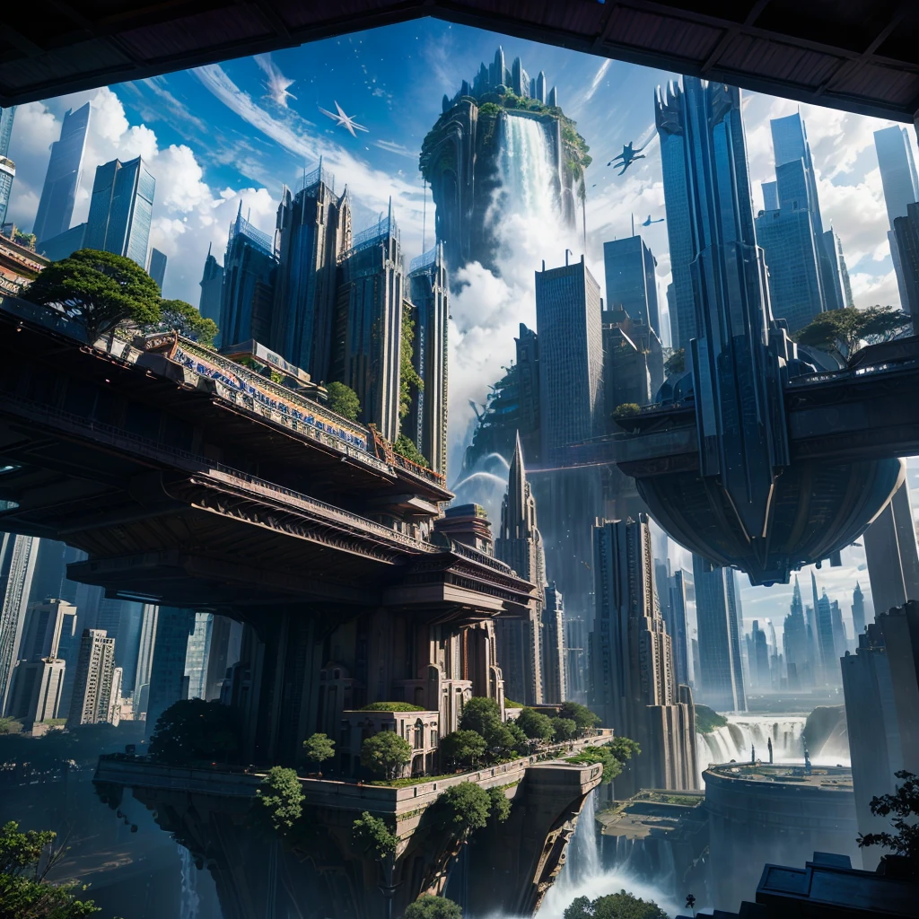 A huge fantastical sci-fi city, aether city, floating aerial metropolis,Future Skyscrapers、Daytime，Huge construction，ＳＦ，Super huge waterfall，Super huge temple，Super huge torii，mysterious，Fantasy，Life Transcendence，A World Beyond All Things， towering skyscrapers, massive waterfall, celestial planets in the sky, surrounded by clouds, cosmic architecture, violet energy scars around, central massive castle, astral sky