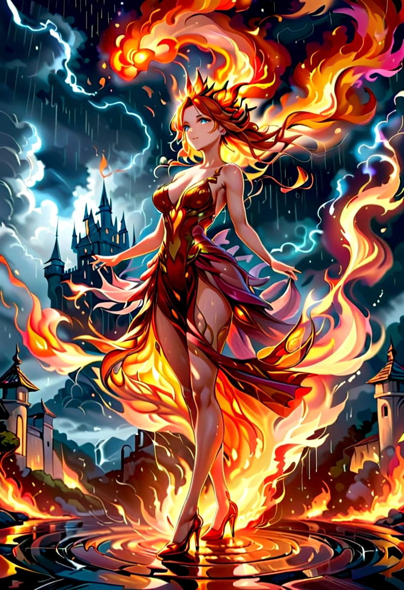  sorceress of fire making fire dance in a the storm of rain, a most exquisite beautiful sorceress, controlling fire manipulating fire, a woman, ultra detailed face, best detailed face, dynamic hair color, dynamic hair style, wet hair, wet face, dynamic eyes color, full body shot, wearing dress made of fire, wearing intricate high heels, light make up, dancing in courtyard of a fantasy castle, ((heavy rain drops: 1.1)), clouds in the sky, (anatomically correct: 1.4), (full body shot: 1.1) , vibrant, Ultra-high resolution, High Contrast, (masterpiece:1.5), highest quality, Best aesthetics), best details, best quality, highres, ultra wide angle, 16k, [ultra detailed], masterpiece, best quality, (extremely detailed), firecd_xl, phoenix dress, FireMagicAI