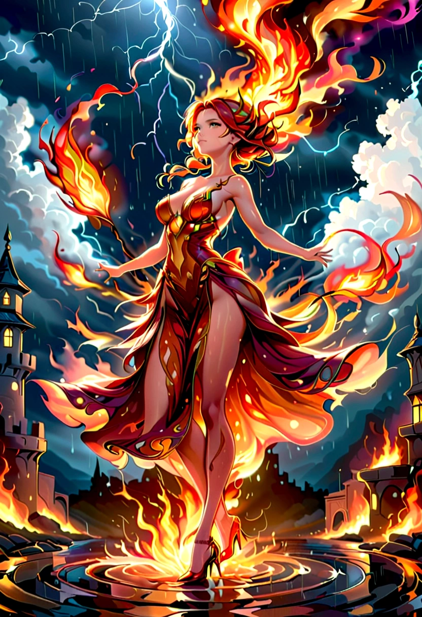 a sorceress of fire making fire dance in a the (storm of rain: 1.3), a most exquisite beautiful sorceress, controlling fire manipulating fire, a woman, dynamic hair color, dynamic hair style, wet hair, wet face, dynamic eyes color, full body shot, wearing dress made of fire, wearing intricate high heels, light make up, dancing in courtyard of a fantasy castle, ((heavy rain drops: 1.1)), clouds in the sky, (anatomically correct: 1.4), (full body shot: 1.1) , vibrant, Ultra-high resolution, High Contrast, (masterpiece:1.5), highest quality, Best aesthetics), best details, best quality, highres, ultra wide angle, 16k, [ultra detailed], masterpiece, best quality, (extremely detailed), firecd_xl, phoenix dress, fireMagicAI