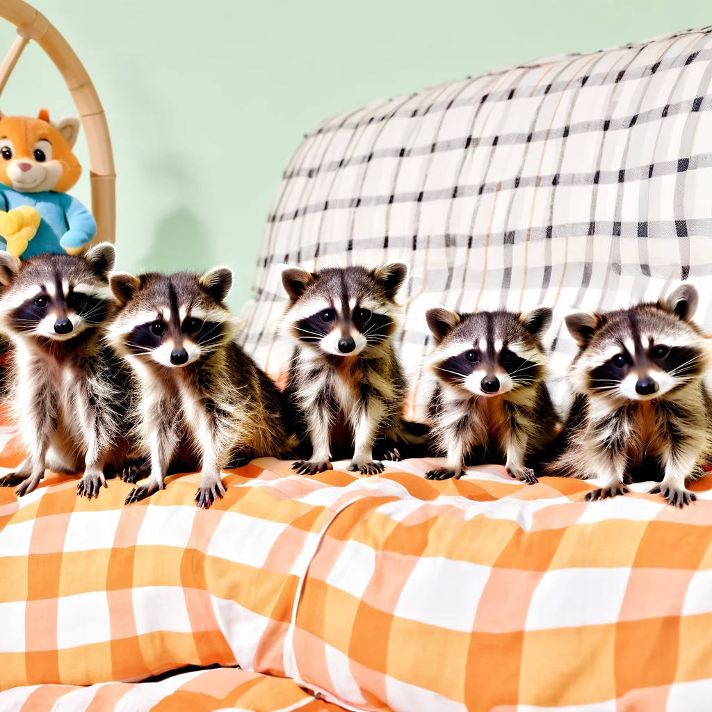 5 baby raccoons with  pyjamas on, with carrots as prints on the pyjamas, sitton on the couch, 8k, hyper detailed, very cute, with lots of toys laying on the floor in front of the coach where they sit on